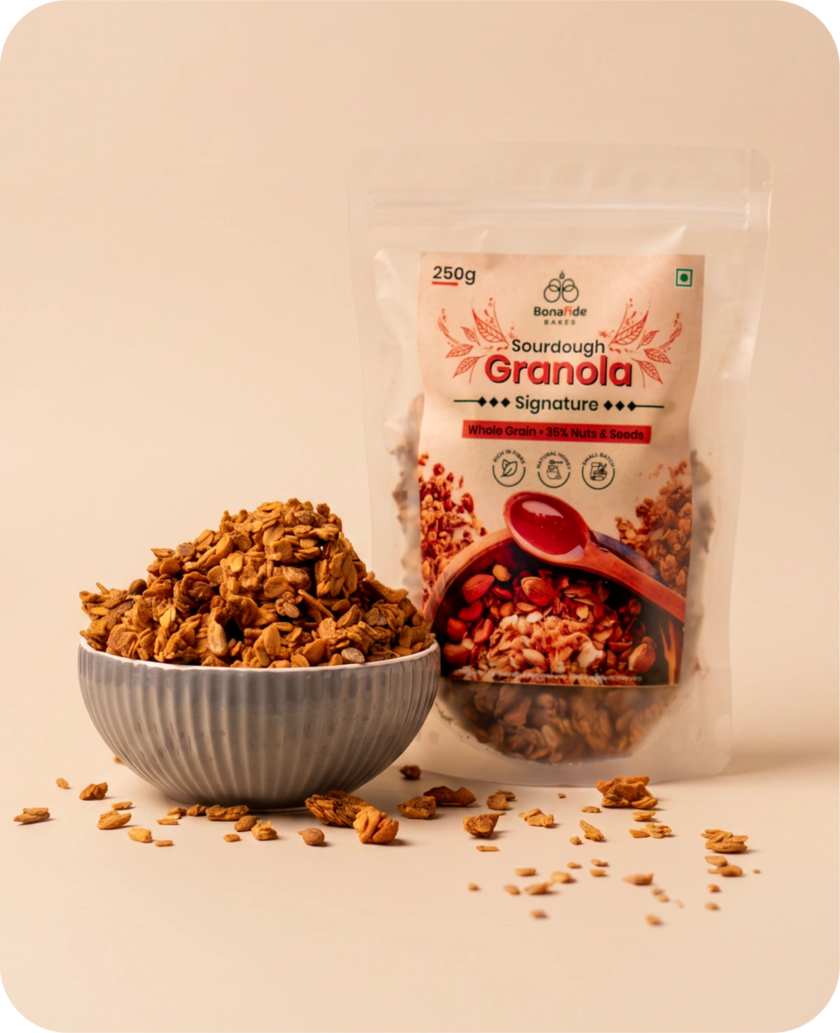 Freshly baked granola in a serving dish