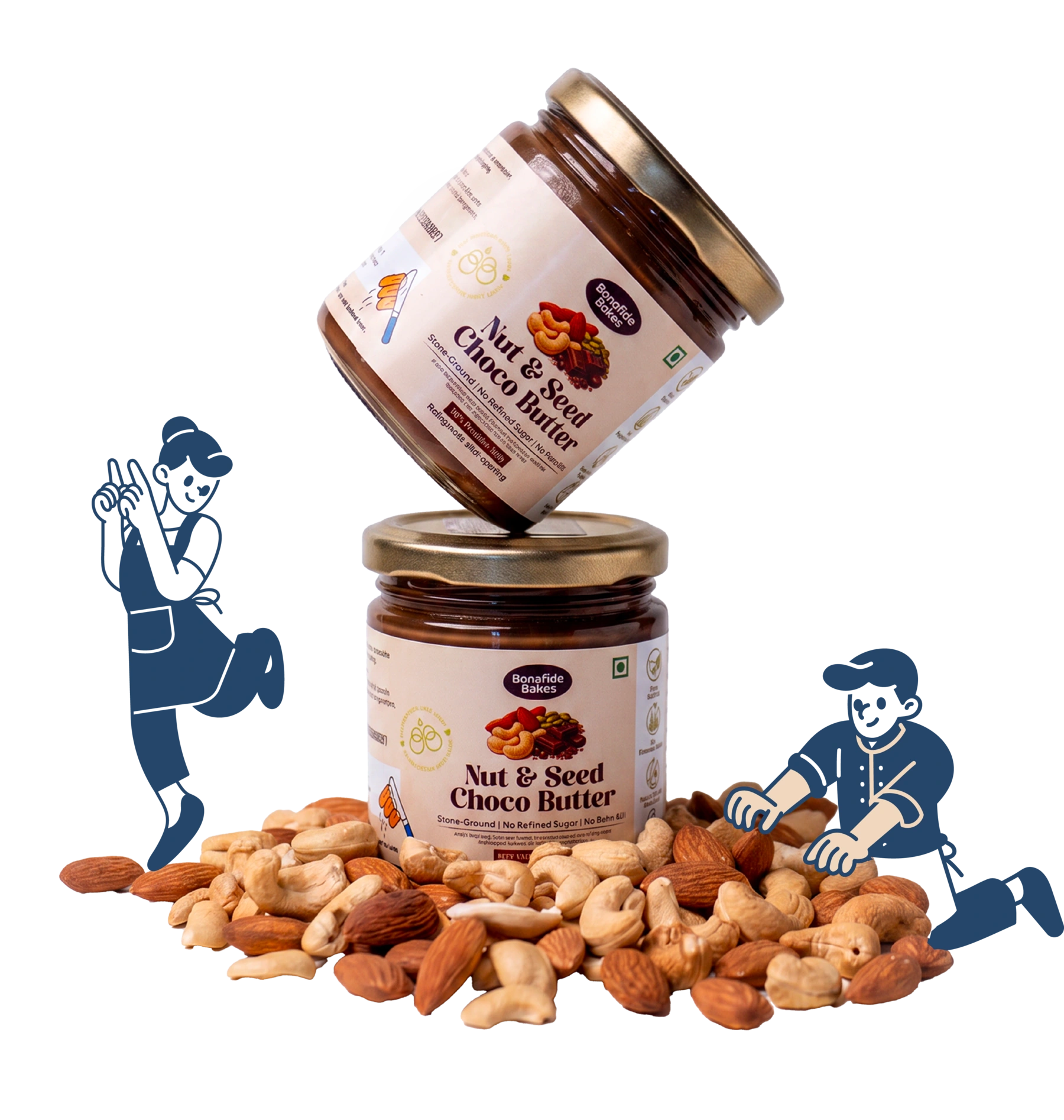 Two jars of Bonafide Bakes Nut and Seed Choco Butter surrounded by nuts and illustrated bakers